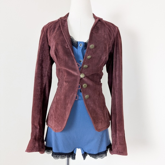 Danier Burgundy Leather Suede Jacket Bolero Steampunk Long Sleeve Blazer Maroon - Picture 11 of 11